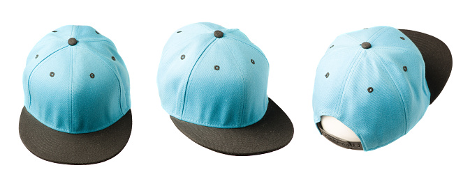 set of three basebal blue cap with black visor isolated on white background.