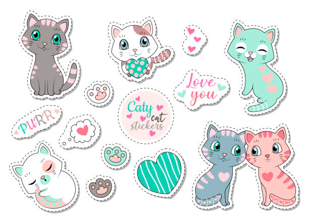 Set of cute Caty cat stickers, some with text Large set of different cute Caty cat sticker designs on white depicting love, happiness and contentment , some with text, minimal style flat cartoon colored vector illustration heart shape valentines day fur pink stock illustrations