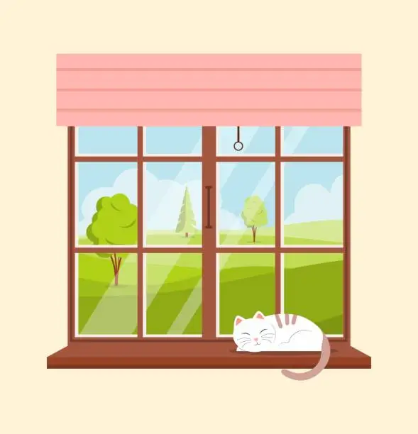 Vector illustration of Window overlooking the spring or summer landscape. Cat sleeps on the windowsill. Forest landscape outside the window. Home comfort. Vector illustration in a flat style.