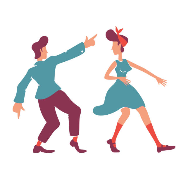retro styl dziewczyna i chłopak płaski kolor wektor faceless znaków. para taniec boogie woogie, rock n roll. staromodna romantyczna randka na imprezie disco odosobnionej ilustracji z kreskówek - dancing swing dancing 1950s style couple stock illustrations