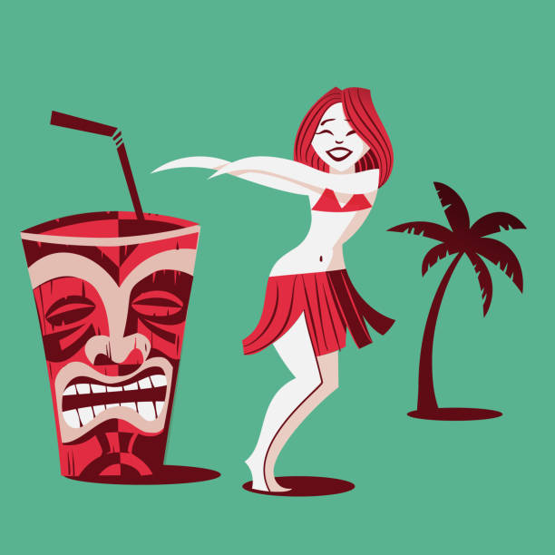 istock vector illustration - hawaiian girl dancing with tiki mask cocktail glass 1303503858