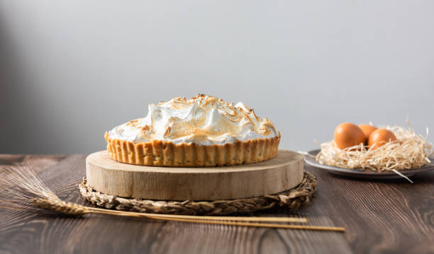 istock Lemon pie on top of log and wooden table. front view 1303505308