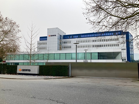 Zug, Switzerland - 6th February 2021 : Crypto International AG Company headquarters in Steinhausen, Switzeland. Crypto AG is a company specialized in cyber security and encryption solutions
