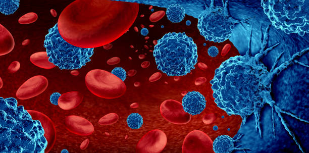 Cancer In The Blood Cancer in the blood outbreak and treatment for malignant cells in a human body caused by carcinogens and genetics with a cancerous cell as an immunotherapy and leukemia or lymphoma symbol and medical therapy as a 3D render. cancer cell stock pictures, royalty-free photos & images
