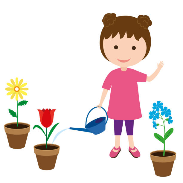 ilustrações, clipart, desenhos animados e ícones de menina regando flores em vasos. - computer graphic multi colored little girls teenage girls