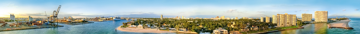 The panorama view from a cruise ship of port Everglades and beach in Ft. Lauderdale, Florida, USA.