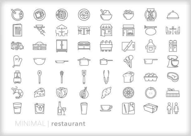 bildbanksillustrationer, clip art samt tecknat material och ikoner med ikonuppsättning för restauranglinje - storkök