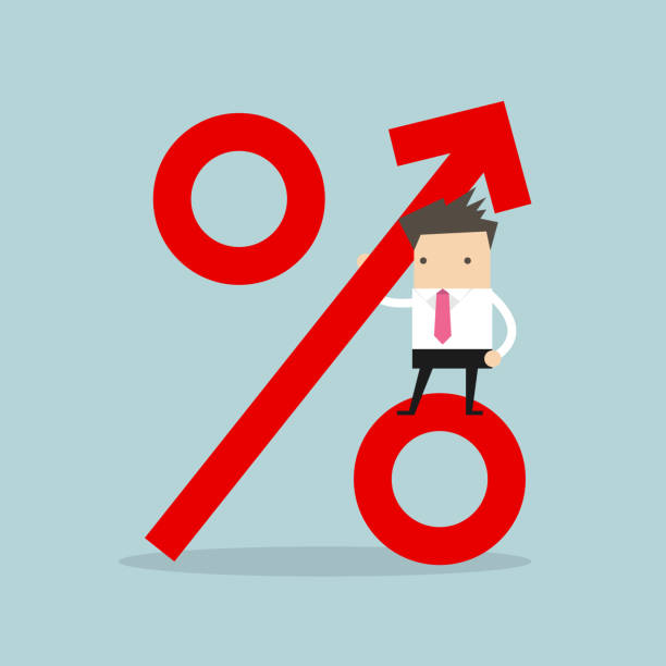 istock Businessman standing on percentage sign. Revenue growth. 1303508977