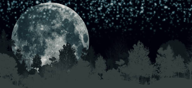 istock Spooky 3D illustrations of panoramic mountains, trees and moons. There is a shallow and deep mountain with fog. And the moon in the forest at night 1303509143