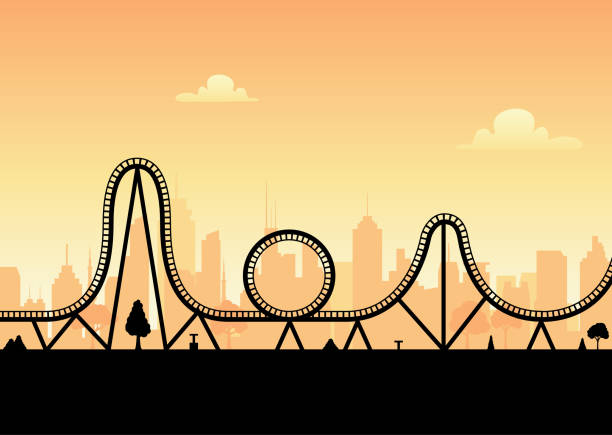 ilustraciones, imágenes clip art, dibujos animados e iconos de stock de parque de siluetas de montaña rusa vectorial. concepto de horizonte de ilustración de iconos de montaña rusa - rollercoaster