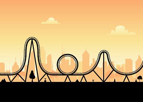 Vector roller coaster ride silhouette park. Rollercoaster icon illustration skyline concept.