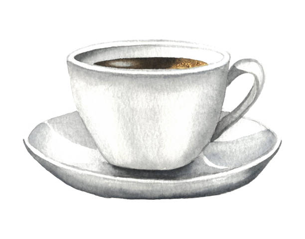 ilustrações, clipart, desenhos animados e ícones de xícara de café à mão de aquarela com pires. ilustração isolada em fundo branco para cartões de saudação, convites, logotipos e materiais impressos. - coffee espresso retro revival coffee cup