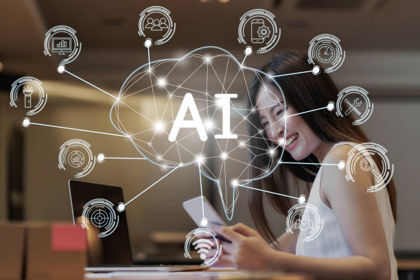 istock Polygonal brain shape of an artificial intelligence with AI text and various icon of smart city Internet of Things Technology over Asian businesswomen happiness celebrating when doing online shopping 1303510427