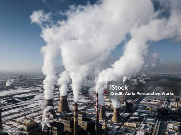 Aerial View Of Coal Fired Power Station In Winter Stock Photo - Download Image Now - Coal, Pollution, China - East Asia