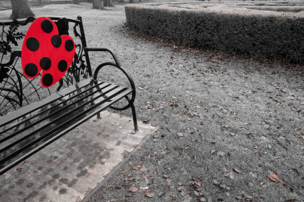 Small children's maze covered in frost.  This is the seat beside the maze with a wrought iron generic ladybird pattern.