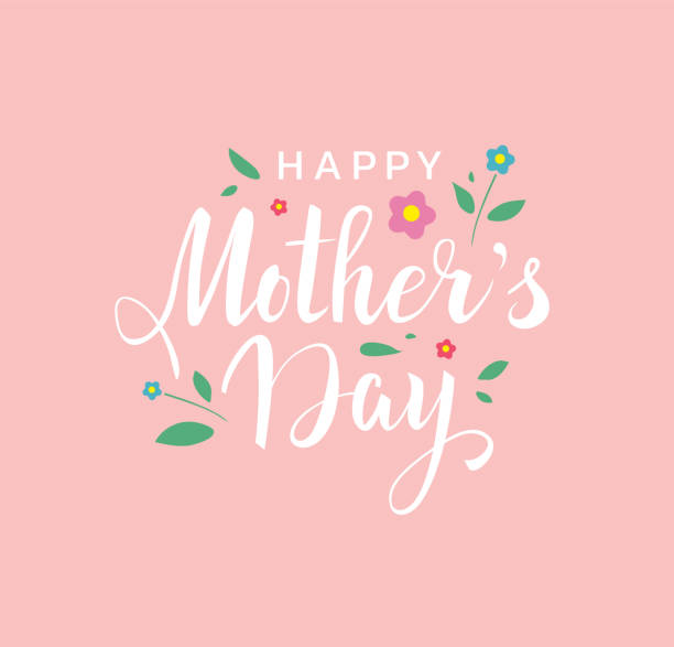 ilustraciones, imágenes clip art, dibujos animados e iconos de stock de feliz día de la madre hermosas letras dibujadas a mano para el saludo con pequeñas flores lindas y hojas sobre fondo rosa. - vector - día de la madre