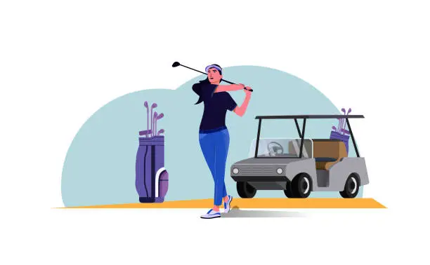 Vector illustration of The beautiful female golfer swings the golf ball.  Golf course and golf cart with a  bag of golf clubs