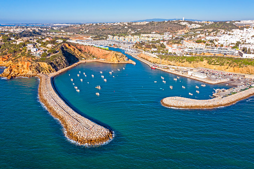 Aerial from the harbor in Albufeira in the Algarve Portugal
