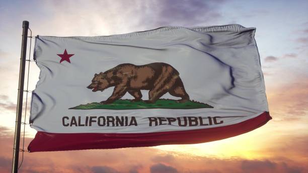 Flag of California waving in the wind against deep beautiful sky. 3d illustration Flag of California waving in the wind against deep beautiful sky. 3d illustration. canada flag blue sky clouds stock pictures, royalty-free photos & images