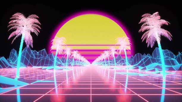 Retro 80s style synthwave sunrise with palm trees. 3d illustration Retro 80s style synthwave sunrise with palm trees. 3d illustration. intro music photos stock pictures, royalty-free photos & images