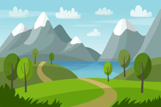 Vector illustration of Mountain vector landscape with green hills, trees, lake and road. Nature summer illustration. Nature tourism.