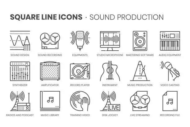 Vector illustration of Music production, square line icon set