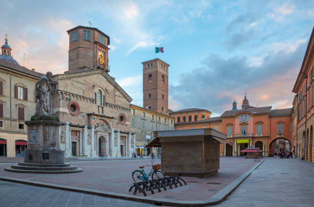 Reggio Emilia  - The square Piazza del Duomo at dusk. stock photo