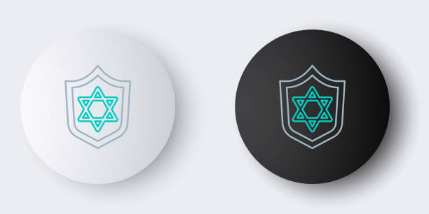 istock Line Shield with Star of David icon isolated on grey background. Jewish religion symbol. Symbol of Israel. Colorful outline concept. Vector 1303525518