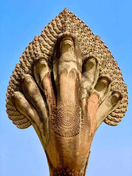 Angkor Wat, Cambodia - January 20, 2020: Seven-headed serpent  Naga at Angkor Wat temple. α99 II