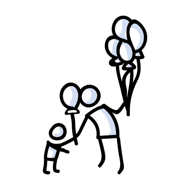 рука обращается stick рисунок давая воздушный шар для ребенка. концепция плавающей партии украшения. простая икона мотив для карнавала пикто� - birthday balloon bouquet clip art stock illustrations