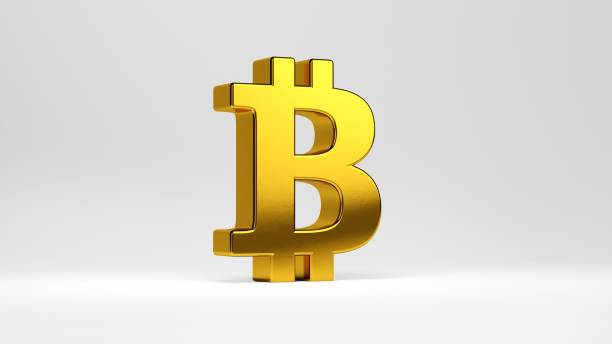 istock Golden Bitcoin symbol isolated on a white background. 3D rendering. Cryptocurrency coin logo, 2p2 exchange, blockchain technology 1303528160