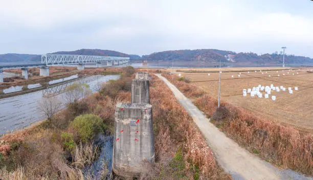 Photo of Marks of bullets at a former railway bridge at Imjingak, Republic of Korea