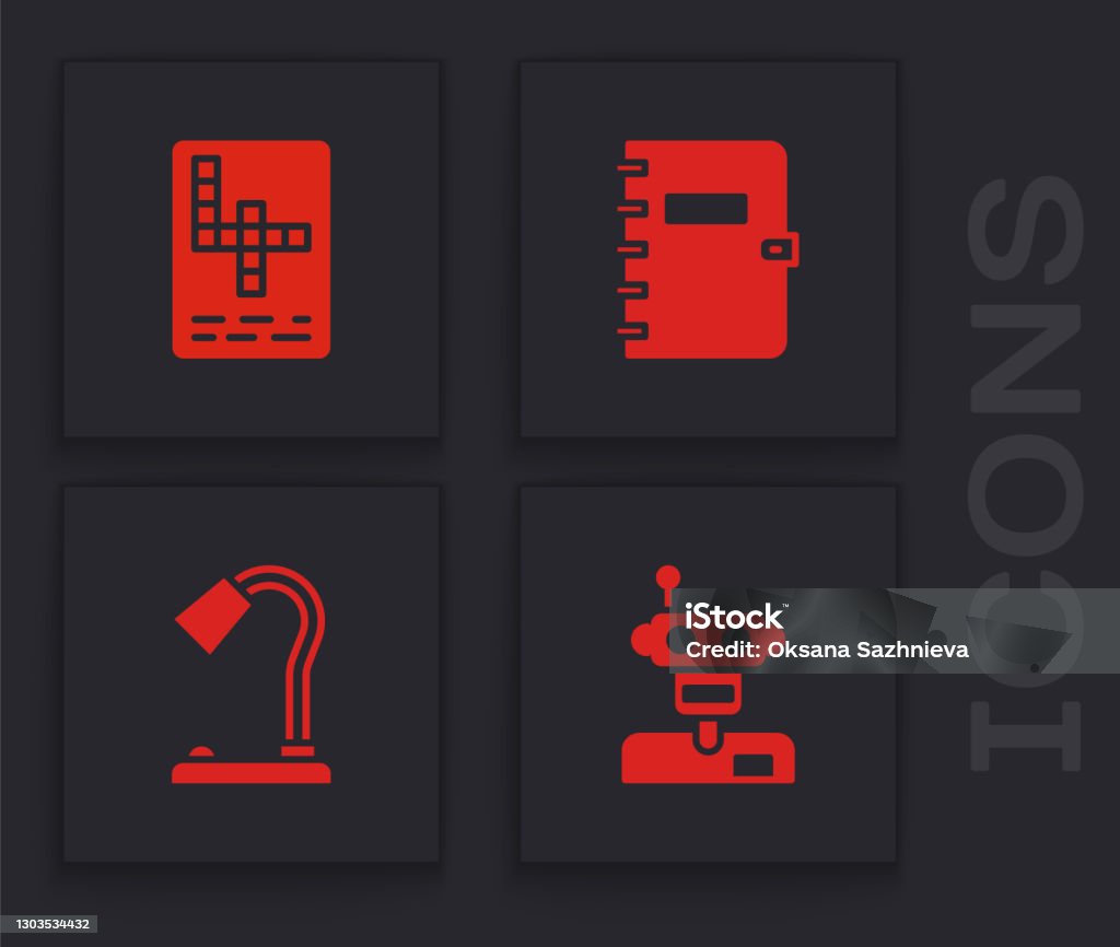 Set Robot Crossword Spiral Notebook And Table Lamp Icon Vector Stock Set Robot Crossword Spiral Notebook And Table Lamp Icon Vector Stock