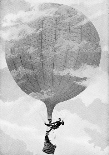 Two British Corps of Royal Engineers in a war ballon over South Africa during the Second Boer War. Vintage etching circa 19th century. In 1911 they would form the Air Battalion Royal Engineers and in 1918 become the Royal Air Force.