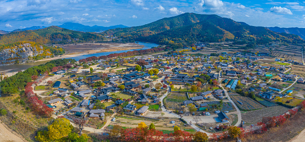 Aerial view of Hahoe Folk Village in Republic of Korea