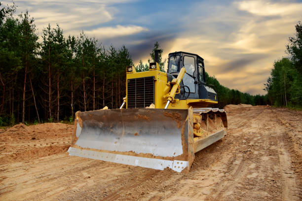 Dozer during clearing forest for construction new road. Bulldozer at forestry work on sunset background