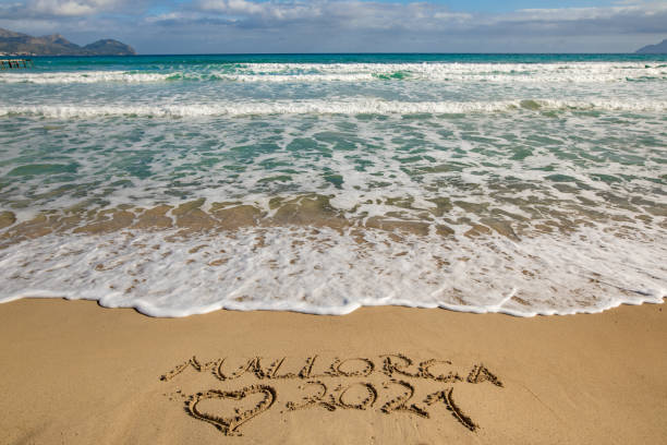 Mallorca 2021 with a heart shape written in the sand on the beach