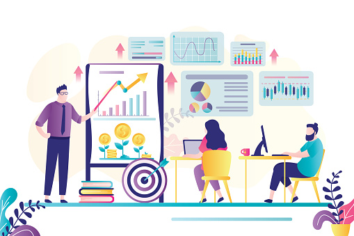 Business people at courses for traders or financiers. Online education training for office workers. Boosting financial literacy. Technology of learning and skill increase. Flat vector illustration