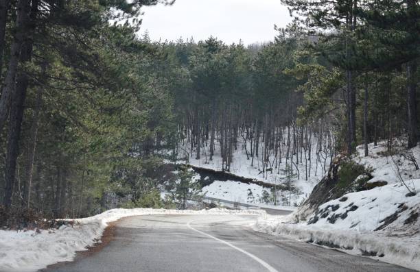 istock mountain road in winter in the snow 1303544357