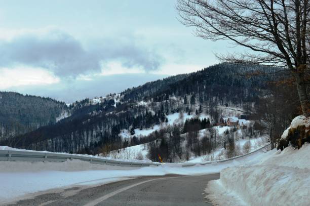 istock mountain road in winter in the snow 1303545253