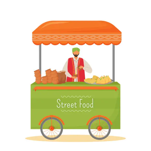 Vector illustration of Street food seller flat color vector faceless character. Indian traditional cuisine mobile kiosk, fast food service isolated cartoon illustration for web graphic design and animation