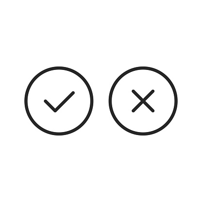 Check mark line icons set. Tick and cross mark. Checkmark and x mark. Black color. Round icons. Simple outline symbols. Vector line icons