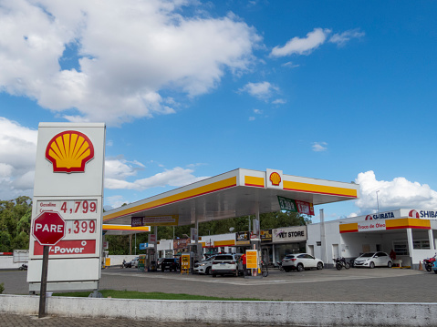 São Paulo, Brazil - February 22, 2021: Shell gas station. Increase in the price of gasoline, ethanol and diesel.