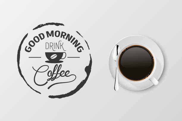 ilustraciones, imágenes clip art, dibujos animados e iconos de stock de vector 3d realista blanco porcelana cerámica taza con espresso negro, mocha aislado en blanco. taza de café con cita tipográfica, frase sobre el café. ilustración de stock. plantilla de diseño. vista superior - black coffee mocha high angle view black