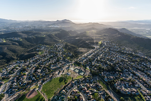 Aerial view of Lynn Ranch neighborhood and Wildwood Regional Park in suburban Thousand Oaks, California.