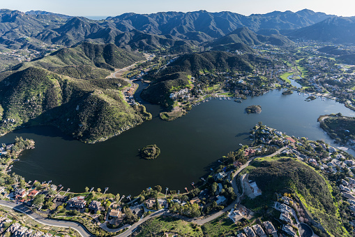 Aerial view of Lake Sherwood and the Santa Monica Mountains near Westlake Village, Malibu and Thousand Oaks California.