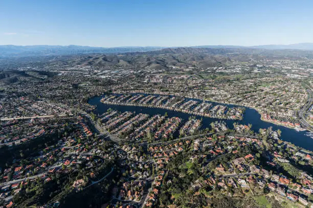 Aerial view of Westlake Village and Thousand Oaks near Los Angeles in scenic Southern California.