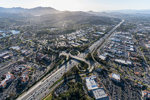 Aerial view of 101 freeway at Weslake Blvd in suburban Thousand Oaks, California.