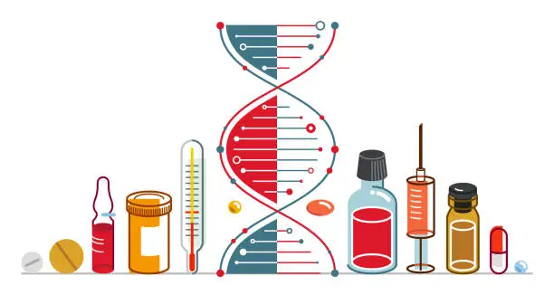 Vector illustration of DNA strand based medical theme composition with lots of different drugs and meds vector illustration isolated, drugstore or medical biotechnology scientific research.