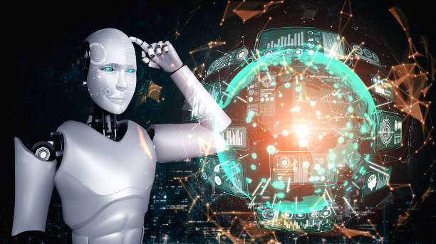 istock Thinking AI humanoid robot analyzing hologram screen shows concept of network 1303550853